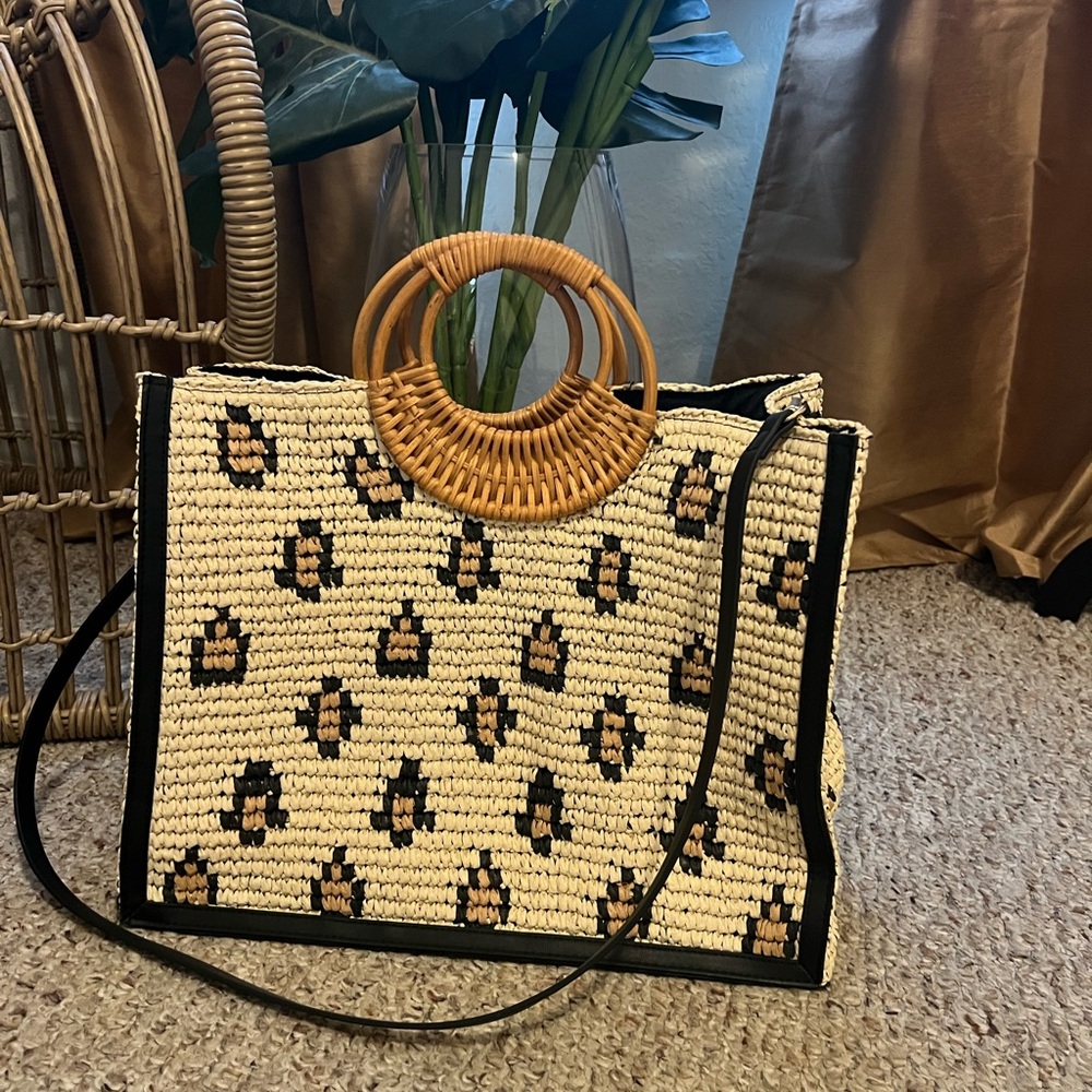 H&M Leopard Woven Straw Tote Bag with Rattan Handles
